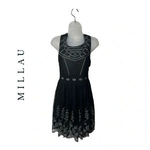 1412. MILLAU EMBROIDERED‎ MESH MINI DRESS SIZE SMALL BLACK W/GRAY EMBROIDERY